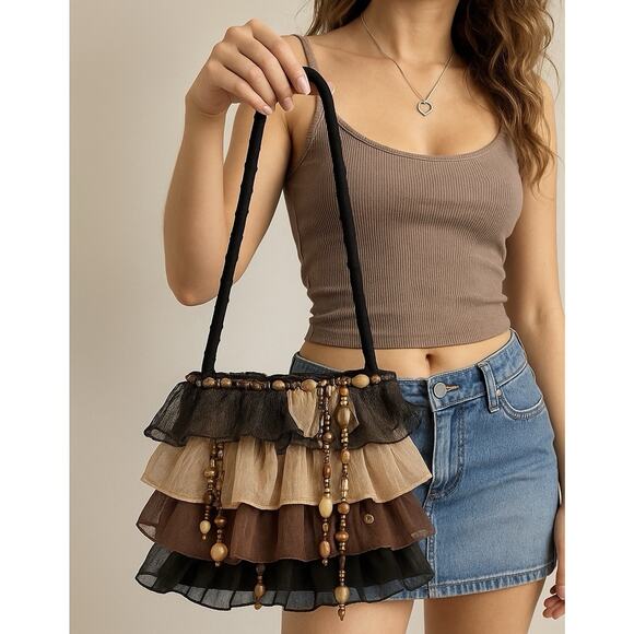 Y2K Boho Beaded Ruffle Purse Brown Black Tulle Boho Mini Bag VTG Indie Sleaze - Picture 1 of 6